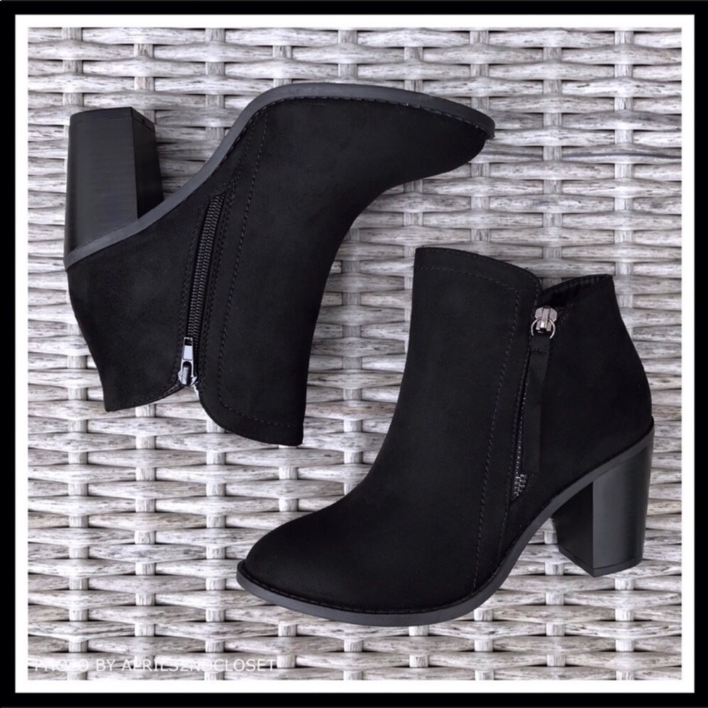 BLACK ANKLE BOOTIES MOTO BLOCK HEEL BOOTS A3C - Picture 4 of 8